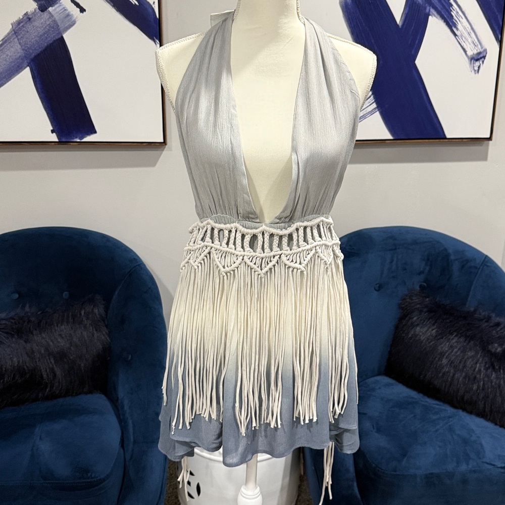 ASOS Macrame Fringe Halter Mini Dress Blue Ombre Gauze Boho Size 4 NWT